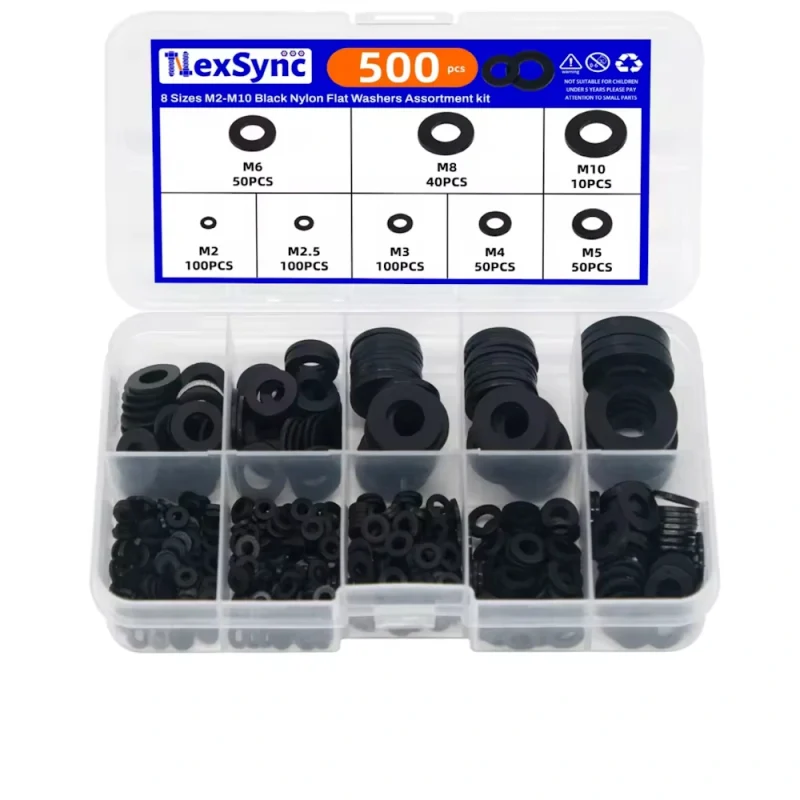Набор нейлоновых плоских шайб NexSync от M2 до M10 (500 шт.)