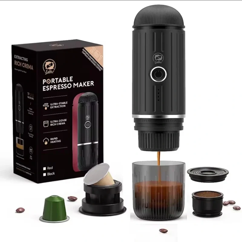 — 19 бар, аккумулятор 7800 мА·ч, капсулы Nespresso и молотый кофе. Кофе везде и в любое время.