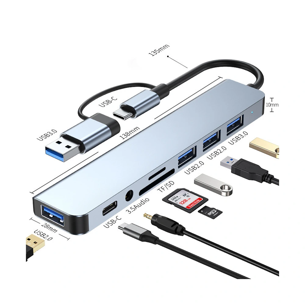 Док-станция USB Hub 8 в 2 USB-A + Type-C с кардридером — изображение 6